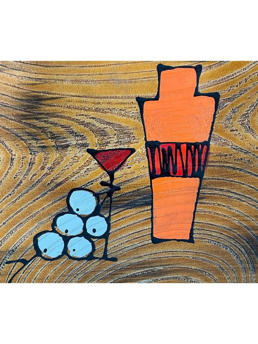 Mid-Century Modern Hand-Painted Wooden Bowl with Abstract Cocktail Design